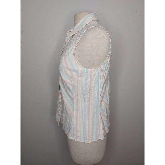 Lands End Women 10 Petite Sleeveless Collar Button Down Blouse Pastel Seersucker - Picture 3 of 16